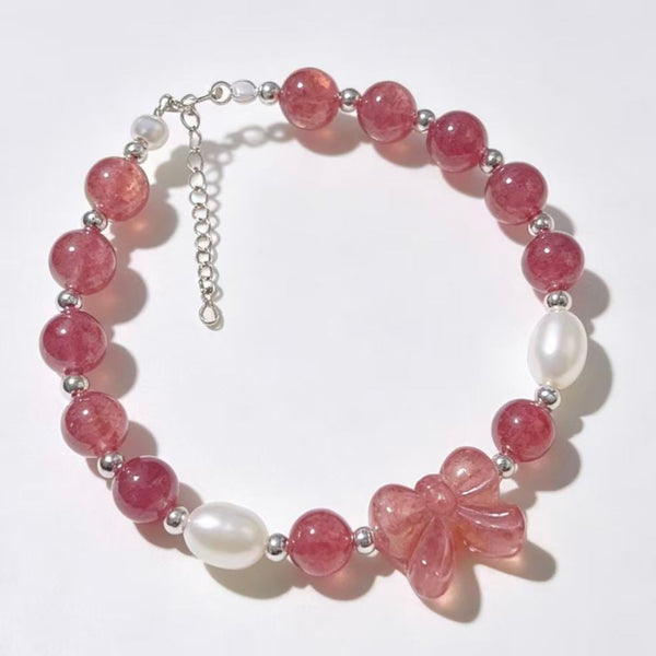 Crystal Paradise Strawberry Quartz Butterfly Bracelet – Natural Crystal Beaded Bracelet with Pearl Accents 🦋🍓