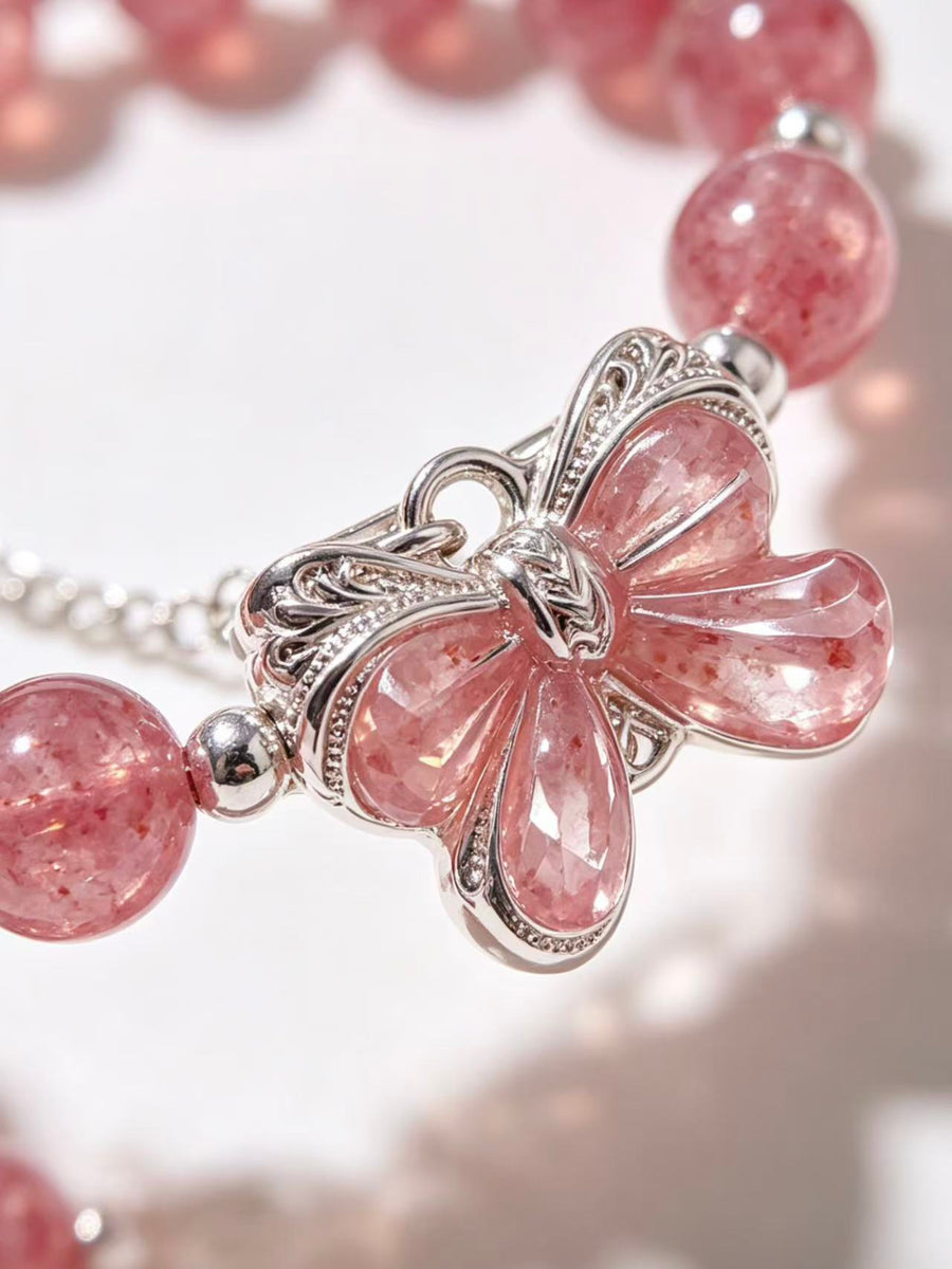 Crystal Paradise Strawberry Quartz Butterfly Bracelet – Natural Crystal Beaded Bracelet with Pearl Accents 🦋🍓