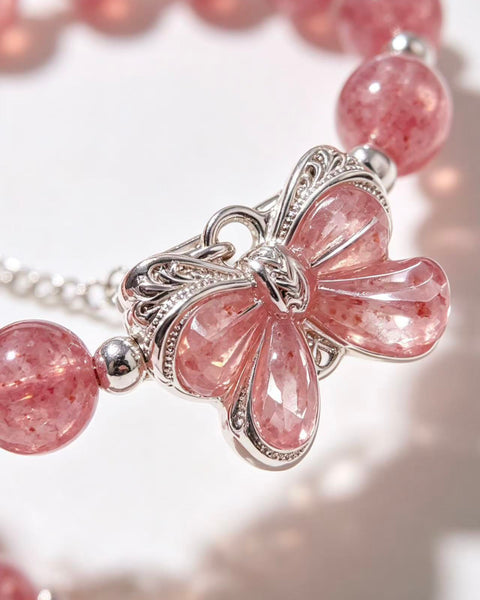 Crystal Paradise Strawberry Quartz Butterfly Bracelet – Natural Crystal Beaded Bracelet with Pearl Accents 🦋🍓