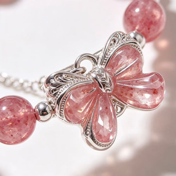 Crystal Paradise Strawberry Quartz Butterfly Bracelet – Natural Crystal Beaded Bracelet with Pearl Accents 🦋🍓