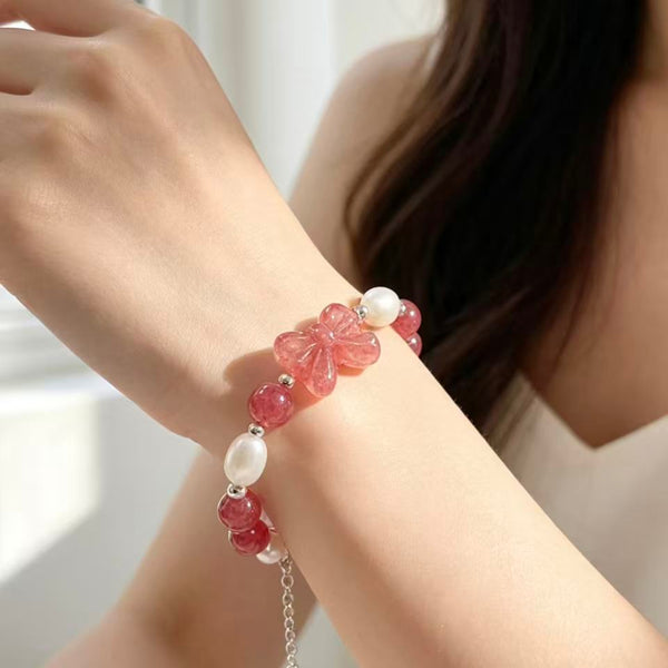Crystal Paradise Strawberry Quartz Butterfly Bracelet – Natural Crystal Beaded Bracelet with Pearl Accents 🦋🍓