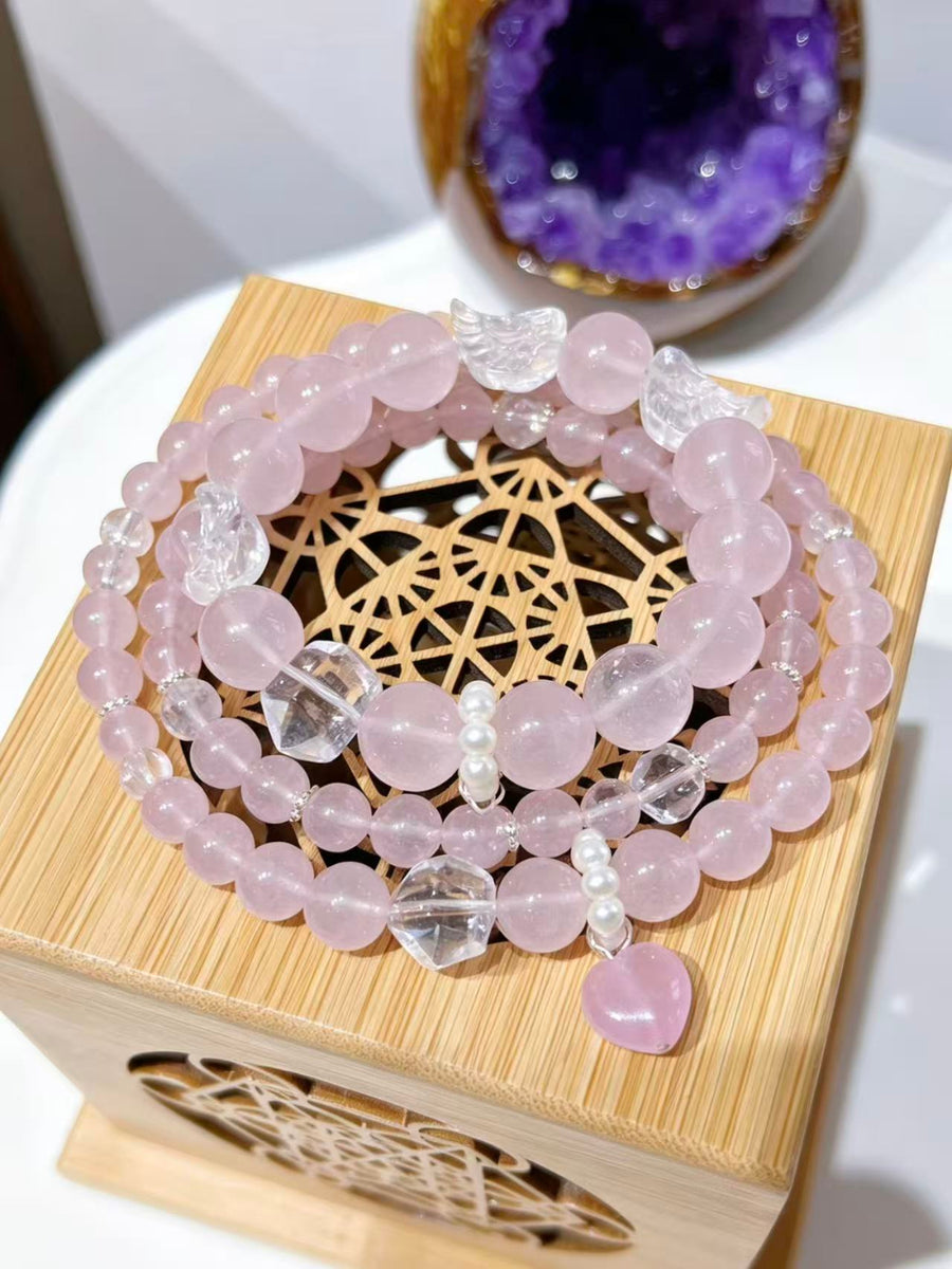 Crystal Paradise Angel Wing Rose Quartz Bracelet – Natural Jelly Rose Quartz with Clear Quartz Wings 💫🪽