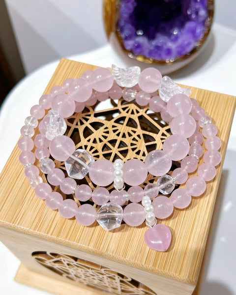 Crystal Paradise Angel Wing Rose Quartz Bracelet – Natural Jelly Rose Quartz with Clear Quartz Wings 💫🪽