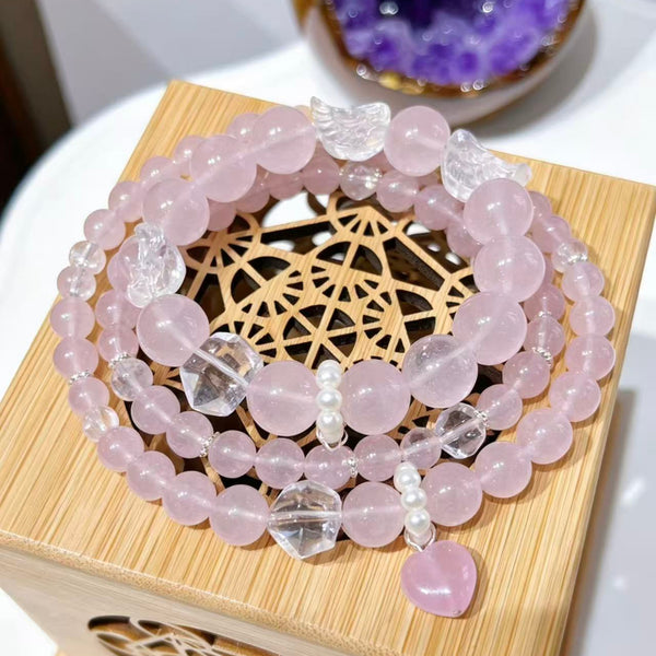 Crystal Paradise Angel Wing Rose Quartz Bracelet – Natural Jelly Rose Quartz with Clear Quartz Wings 💫🪽