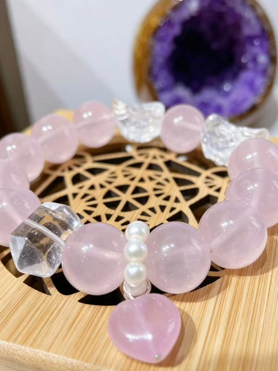 Crystal Paradise Angel Wing Rose Quartz Bracelet – Natural Jelly Rose Quartz with Clear Quartz Wings 💫🪽