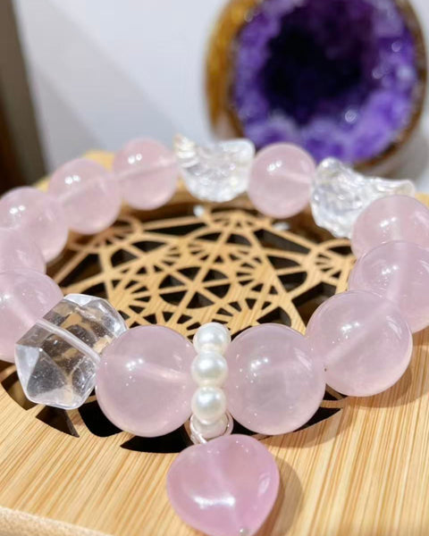Crystal Paradise Angel Wing Rose Quartz Bracelet – Natural Jelly Rose Quartz with Clear Quartz Wings 💫🪽