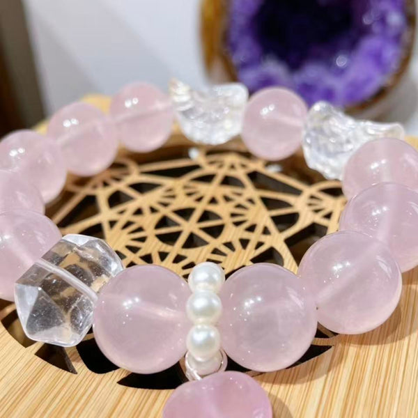 Crystal Paradise Angel Wing Rose Quartz Bracelet – Natural Jelly Rose Quartz with Clear Quartz Wings 💫🪽