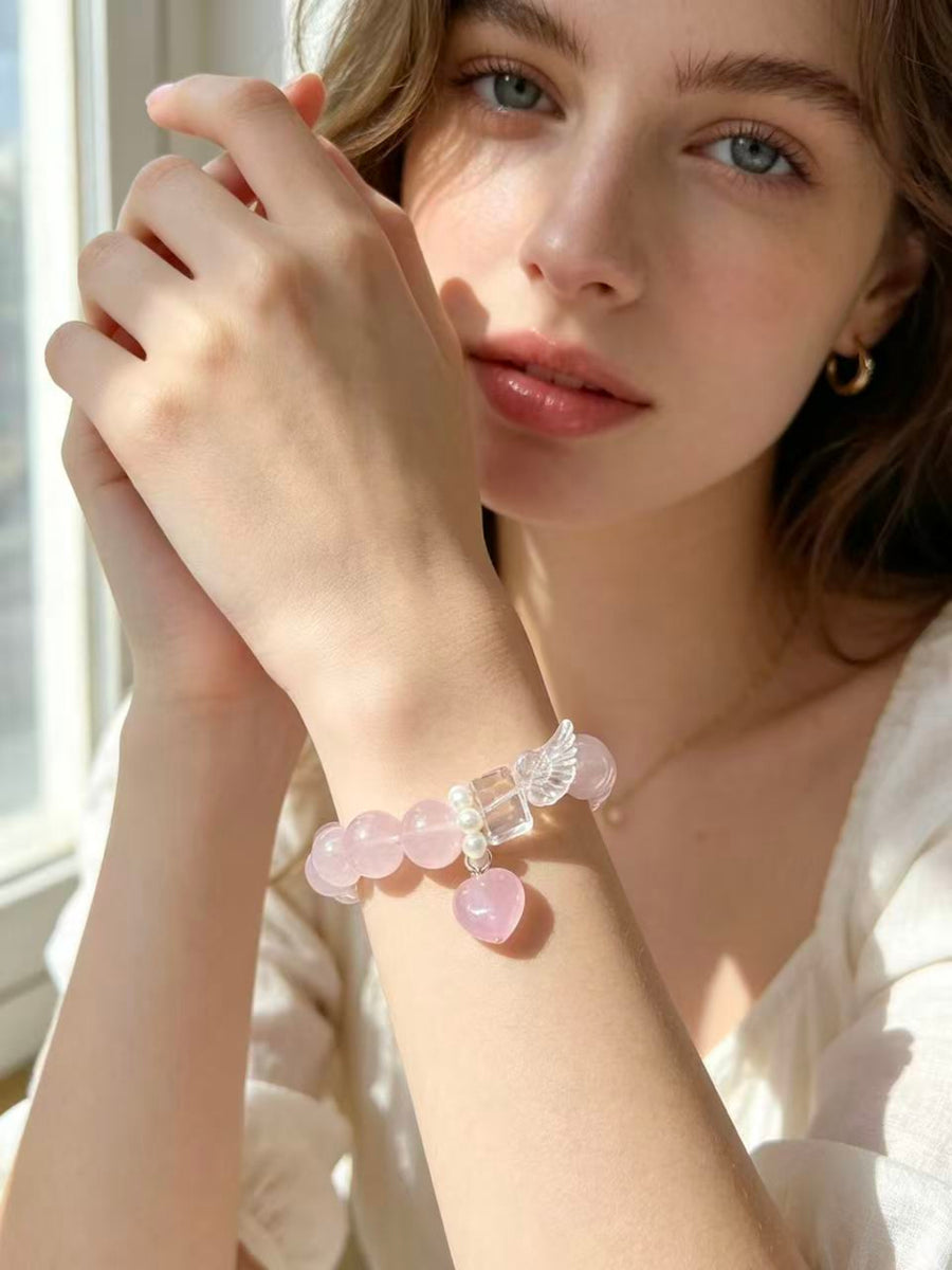 Crystal Paradise Angel Wing Rose Quartz Bracelet – Natural Jelly Rose Quartz with Clear Quartz Wings 💫🪽