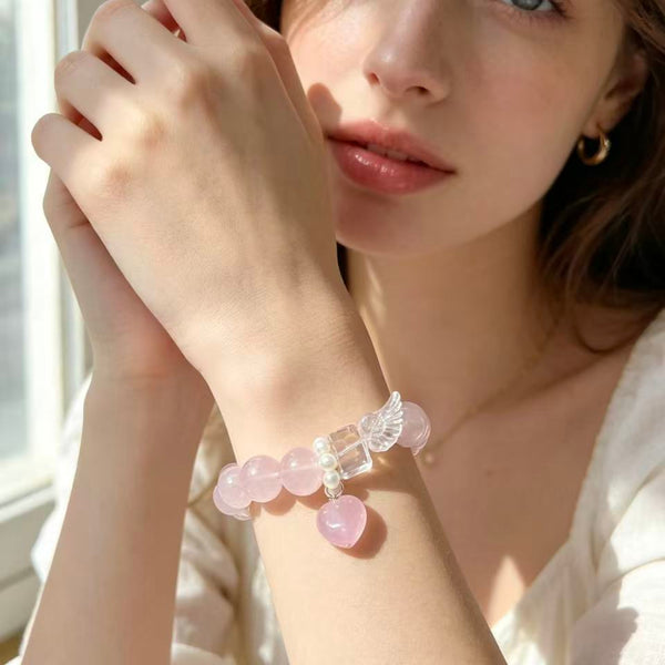 Crystal Paradise Angel Wing Rose Quartz Bracelet – Natural Jelly Rose Quartz with Clear Quartz Wings 💫🪽