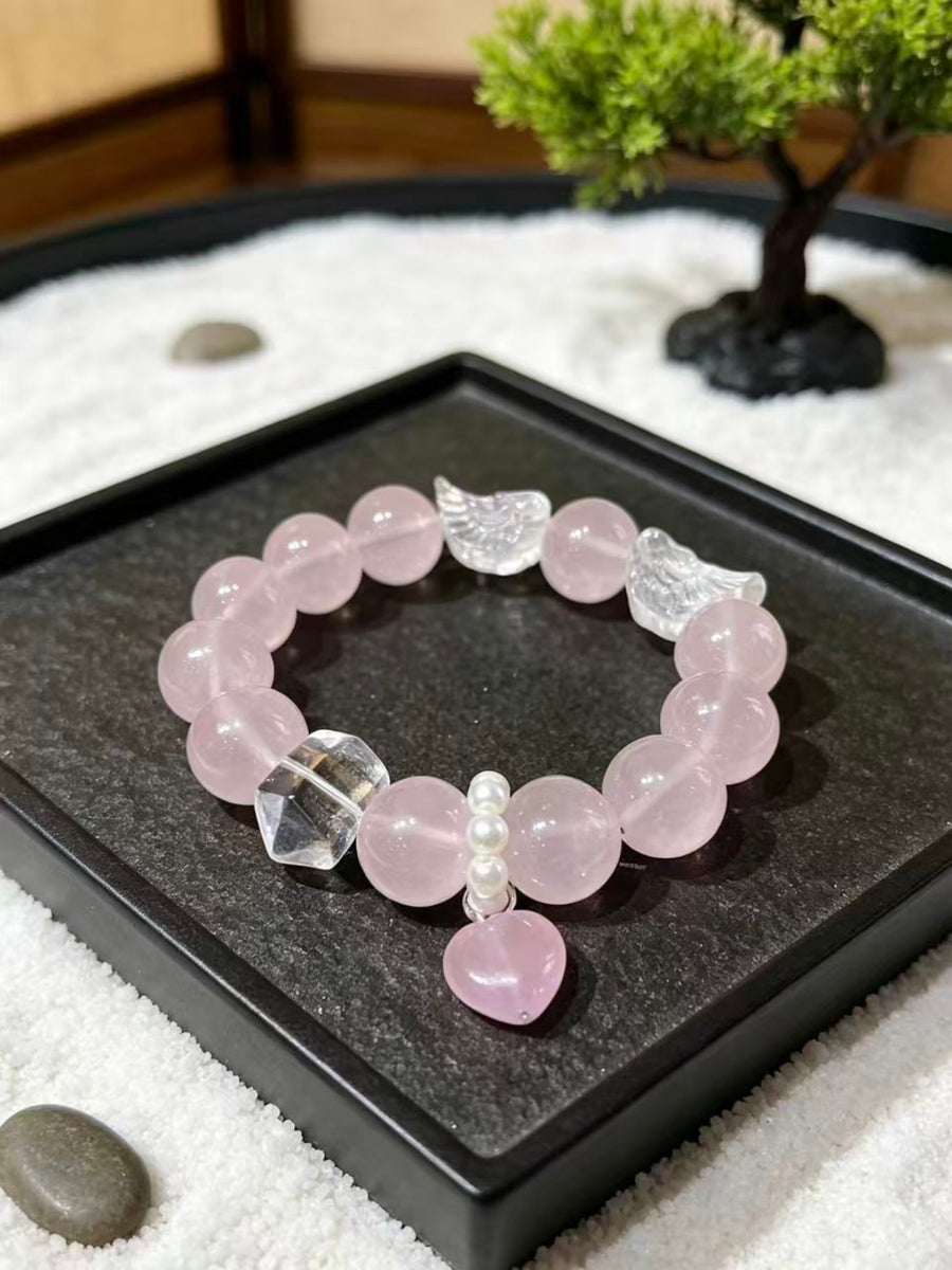 Crystal Paradise Angel Wing Rose Quartz Bracelet – Natural Jelly Rose Quartz with Clear Quartz Wings 💫🪽