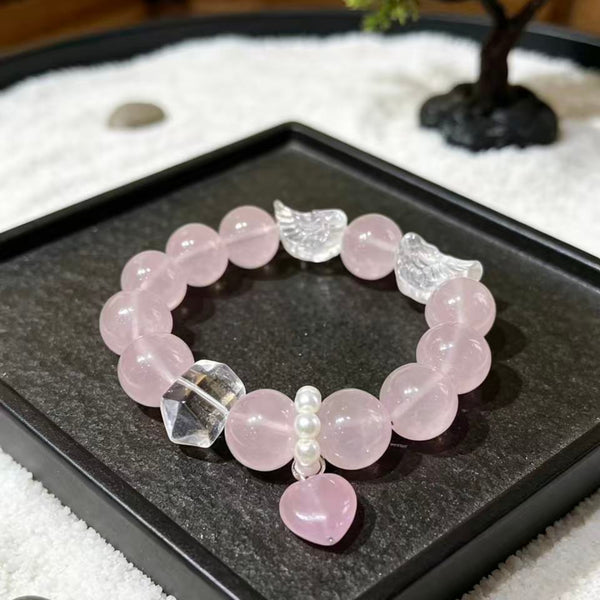 Crystal Paradise Angel Wing Rose Quartz Bracelet – Natural Jelly Rose Quartz with Clear Quartz Wings 💫🪽