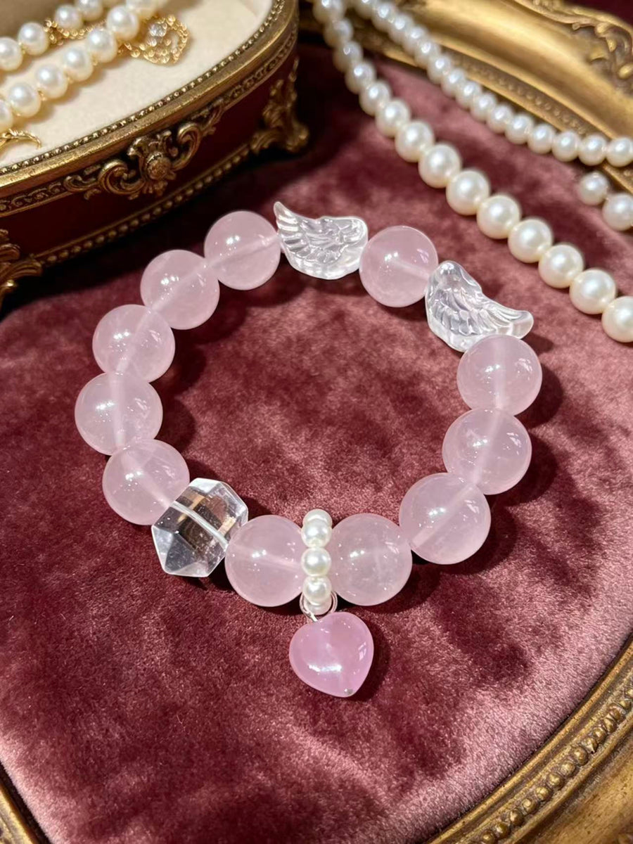 Crystal Paradise Angel Wing Rose Quartz Bracelet – Natural Jelly Rose Quartz with Clear Quartz Wings 💫🪽