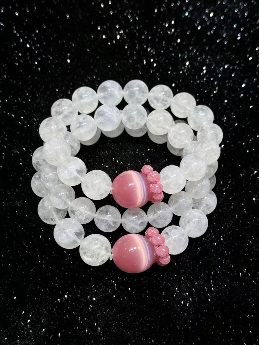 Crystal Paradise Snow Phantom & Pink Cat Eye Bracelet – Rose Stone Fairy Style 12mm Crystal Jewelry 🌸✨