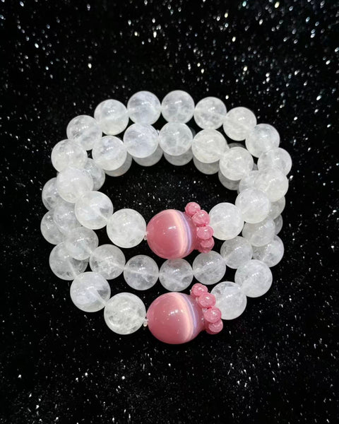 Crystal Paradise Snow Phantom & Pink Cat Eye Bracelet – Rose Stone Fairy Style 12mm Crystal Jewelry 🌸✨