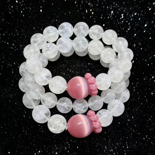 Crystal Paradise Snow Phantom & Pink Cat Eye Bracelet – Rose Stone Fairy Style 12mm Crystal Jewelry 🌸✨