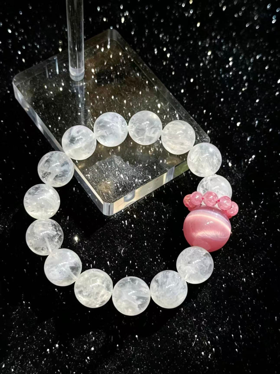 Crystal Paradise Snow Phantom & Pink Cat Eye Bracelet – Rose Stone Fairy Style 12mm Crystal Jewelry 🌸✨