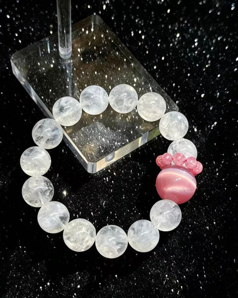 Crystal Paradise Snow Phantom & Pink Cat Eye Bracelet – Rose Stone Fairy Style 12mm Crystal Jewelry 🌸✨