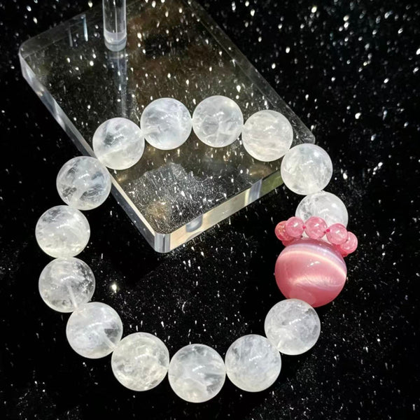 Crystal Paradise Snow Phantom & Pink Cat Eye Bracelet – Rose Stone Fairy Style 12mm Crystal Jewelry 🌸✨
