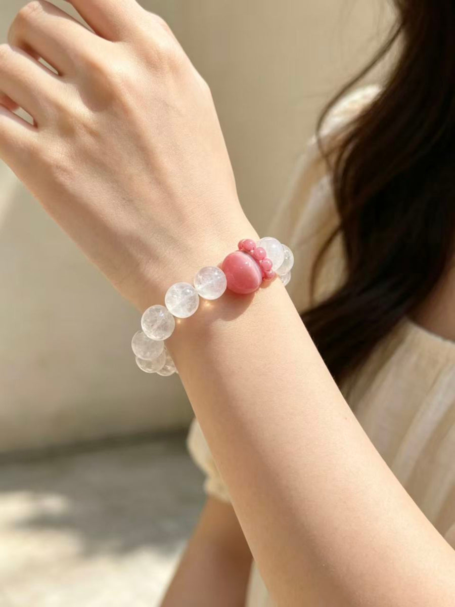 Crystal Paradise Snow Phantom & Pink Cat Eye Bracelet – Rose Stone Fairy Style 12mm Crystal Jewelry 🌸✨