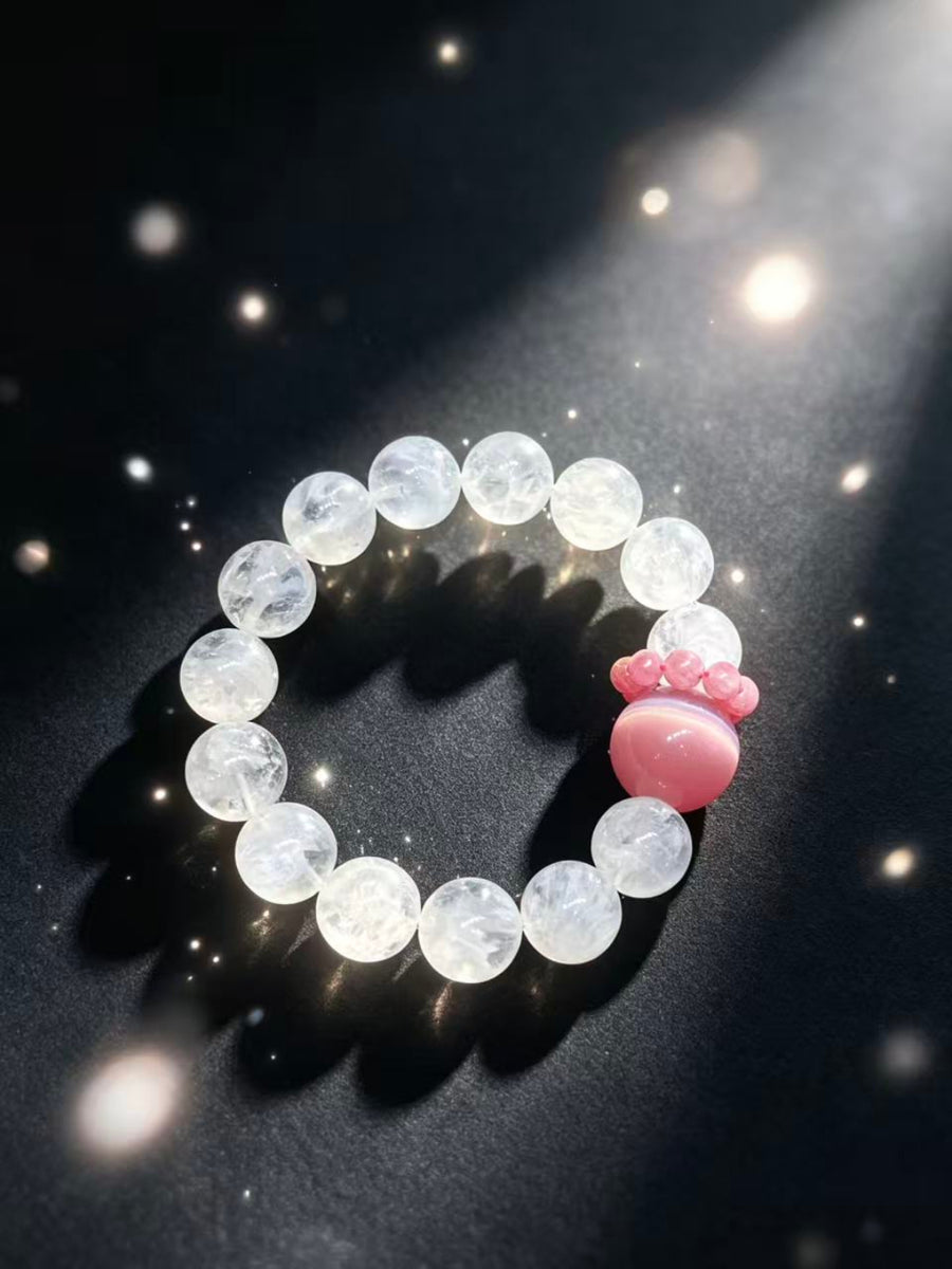 Crystal Paradise Snow Phantom & Pink Cat Eye Bracelet – Rose Stone Fairy Style 12mm Crystal Jewelry 🌸✨