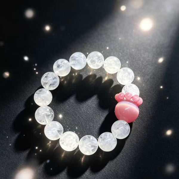 Crystal Paradise Snow Phantom & Pink Cat Eye Bracelet – Rose Stone Fairy Style 12mm Crystal Jewelry 🌸✨