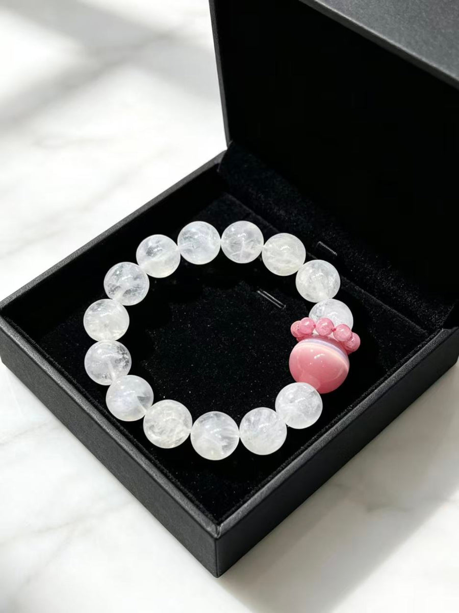 Crystal Paradise Snow Phantom & Pink Cat Eye Bracelet – Rose Stone Fairy Style 12mm Crystal Jewelry 🌸✨