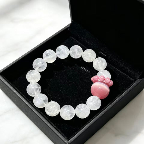 Crystal Paradise Snow Phantom & Pink Cat Eye Bracelet – Rose Stone Fairy Style 12mm Crystal Jewelry 🌸✨