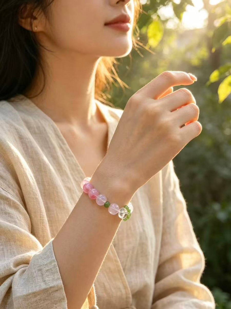 Crystal Paradise Imperial Lychee Blossom Bracelet – Handmade Rose Quartz & Crystal Energy Bracelet 🍃❤️