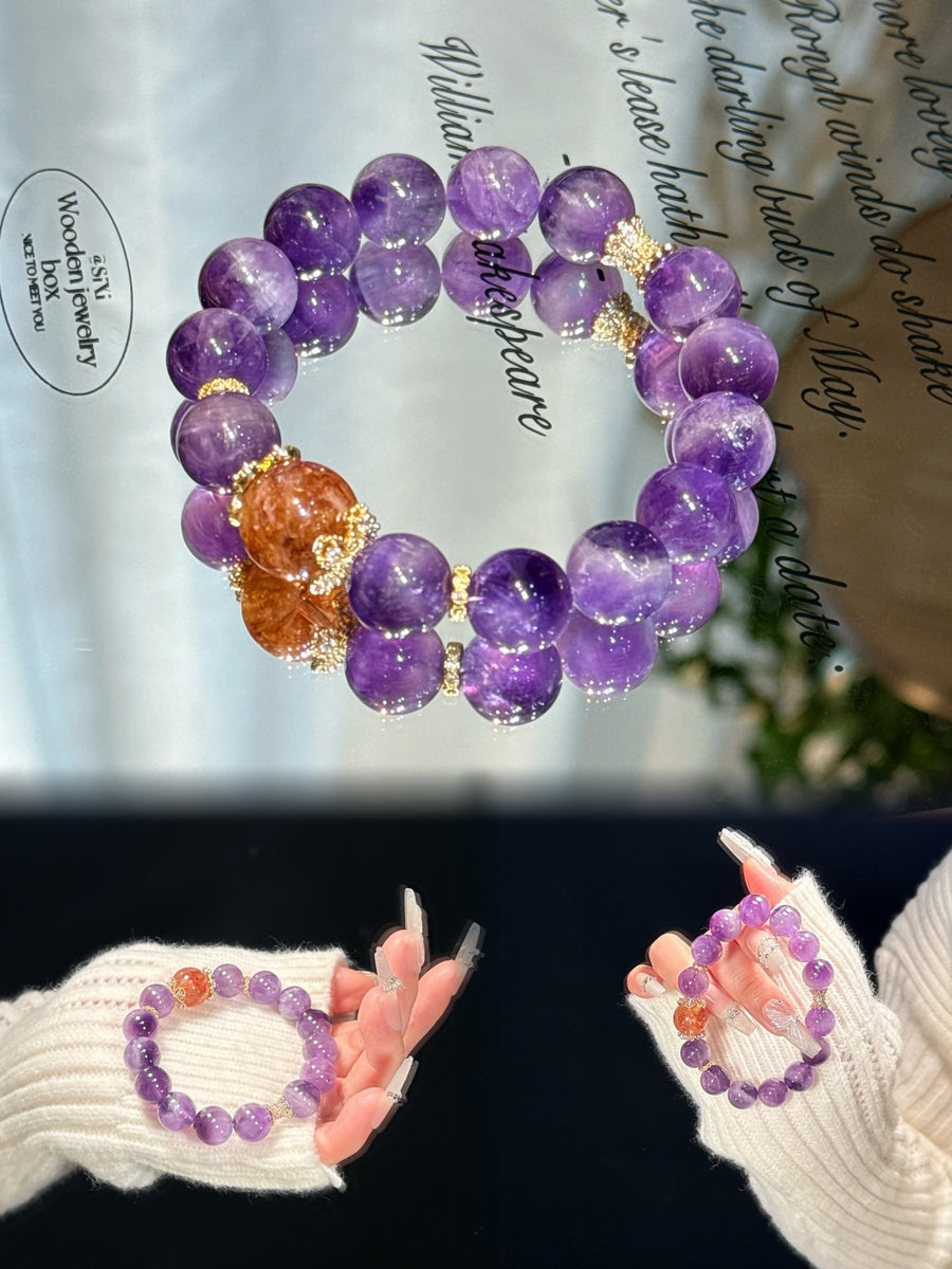 Crystal Paradise Dreamy Amethyst Bracelet – Handmade Purple Crystal Energy Bracelet with Red Jasper Accent