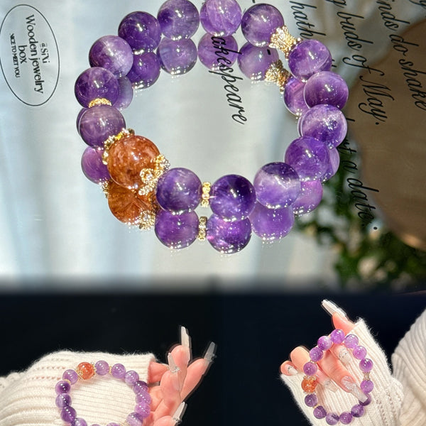 Crystal Paradise Dreamy Amethyst Bracelet – Handmade Purple Crystal Energy Bracelet with Red Jasper Accent