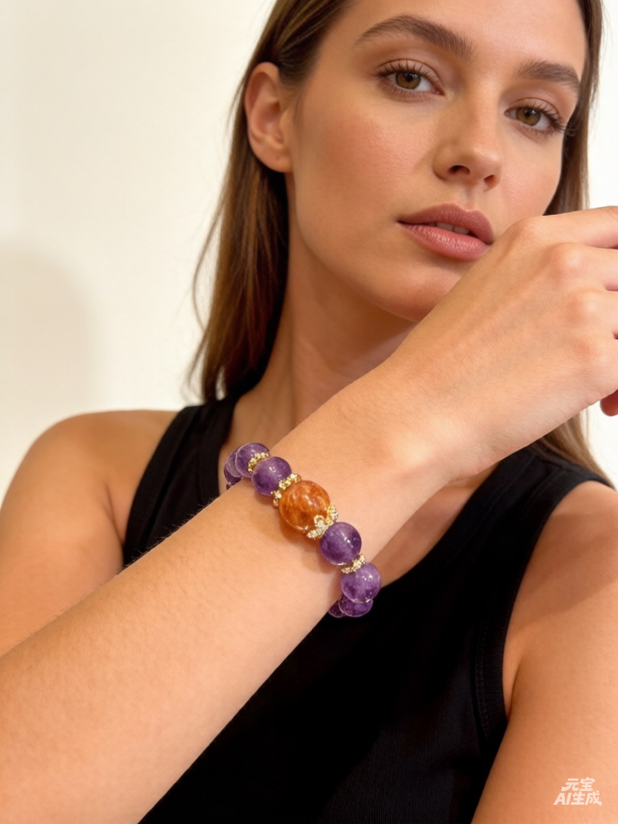 Crystal Paradise Dreamy Amethyst Bracelet – Handmade Purple Crystal Energy Bracelet with Red Jasper Accent