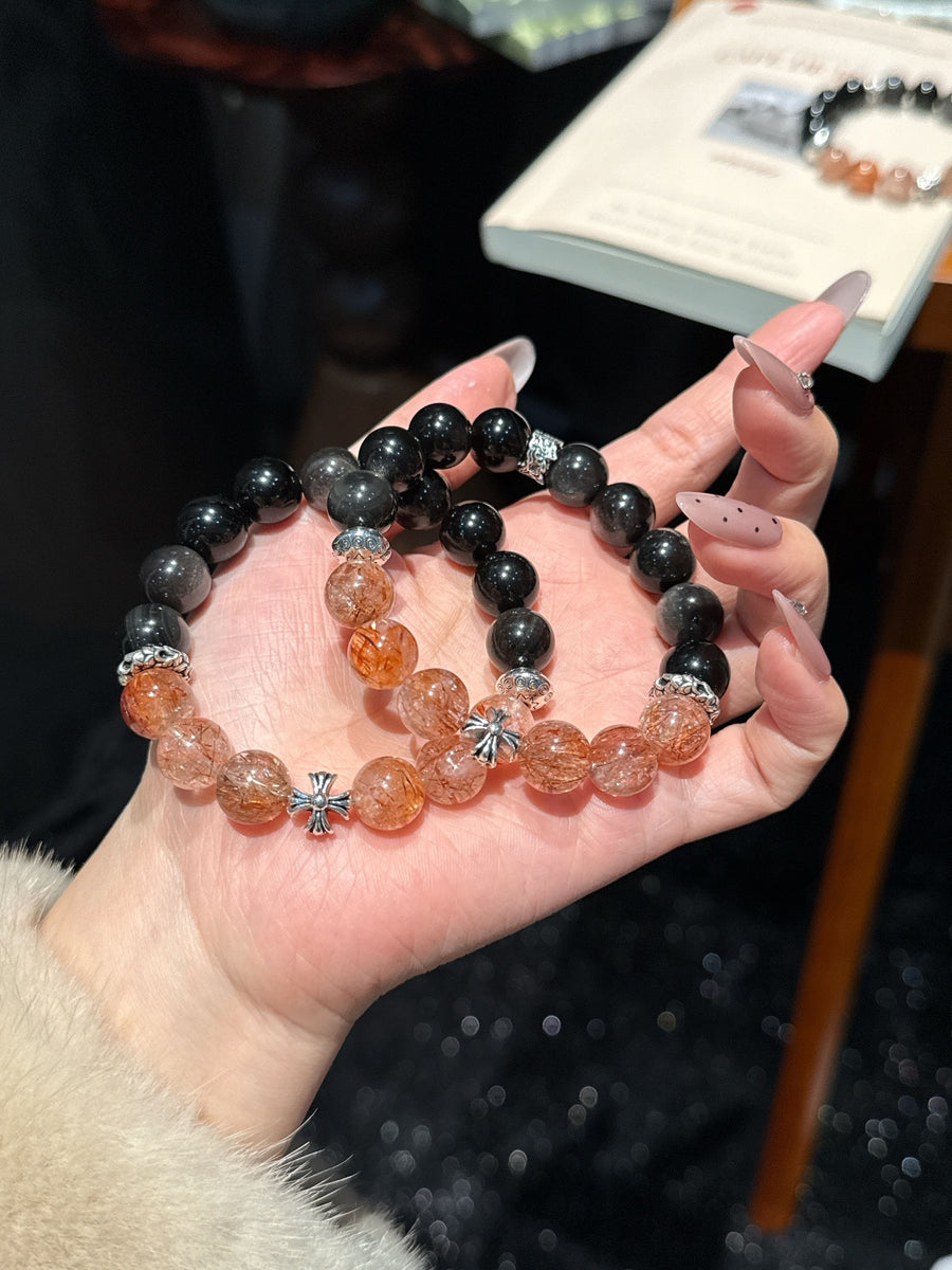 Crystal Paradise Black Gold Super Seven × Silver Obsidian Bracelet – Handmade Energy Protection & Prosperity Bead Bracelet 🖤✨