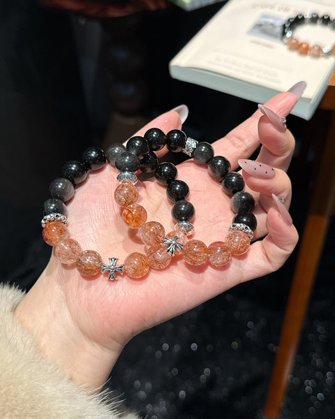 Crystal Paradise Black Gold Super Seven × Silver Obsidian Bracelet – Handmade Energy Protection & Prosperity Bead Bracelet 🖤✨
