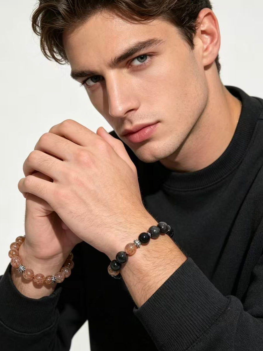 Crystal Paradise Black Gold Super Seven × Silver Obsidian Bracelet – Handmade Energy Protection & Prosperity Bead Bracelet 🖤✨
