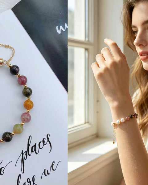 Crystal Paradise Tourmaline × Freshwater Pearl Bracelet – Handmade Harmony & Family Blessing Bead Bracelet 🌸
