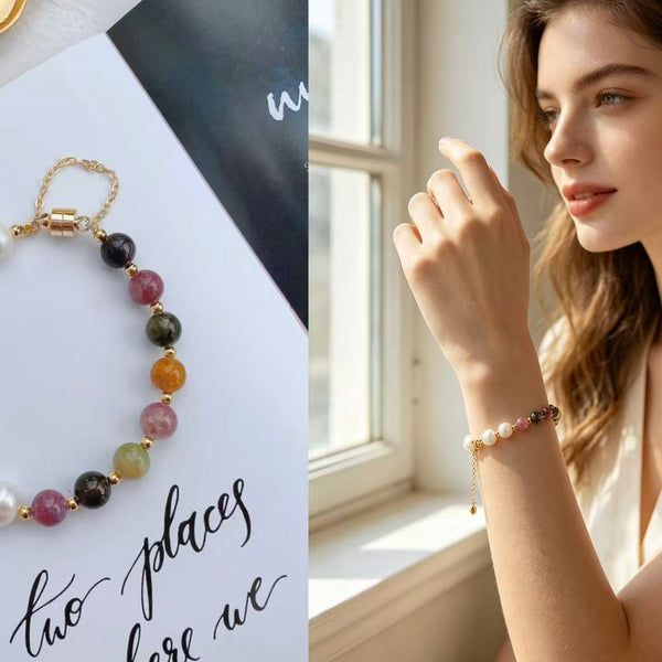 Crystal Paradise Tourmaline × Freshwater Pearl Bracelet – Handmade Harmony & Family Blessing Bead Bracelet 🌸