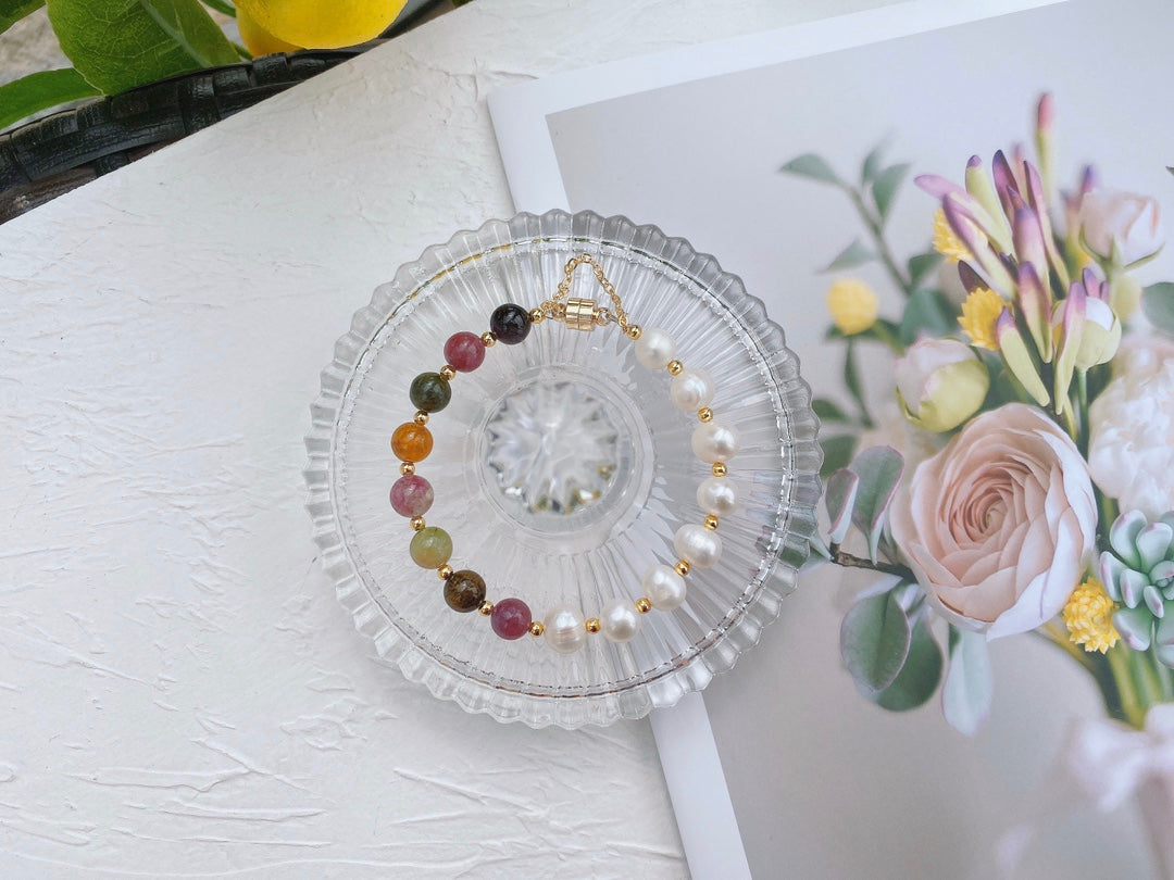 Crystal Paradise Tourmaline × Freshwater Pearl Bracelet – Handmade Harmony & Family Blessing Bead Bracelet 🌸