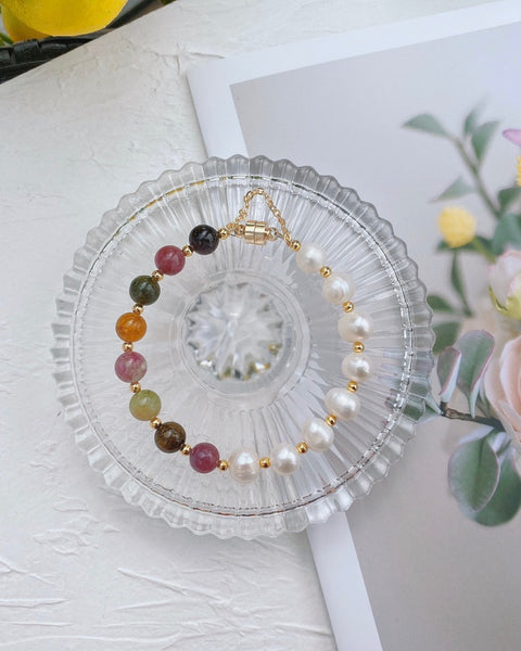 Crystal Paradise Tourmaline × Freshwater Pearl Bracelet – Handmade Harmony & Family Blessing Bead Bracelet 🌸