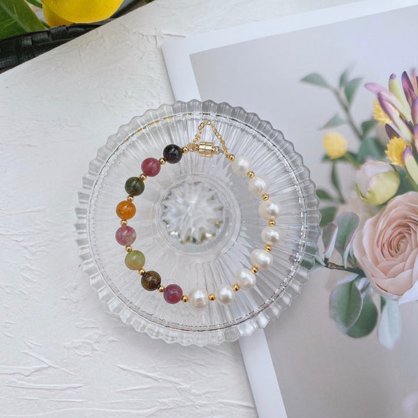 Crystal Paradise Tourmaline × Freshwater Pearl Bracelet – Handmade Harmony & Family Blessing Bead Bracelet 🌸