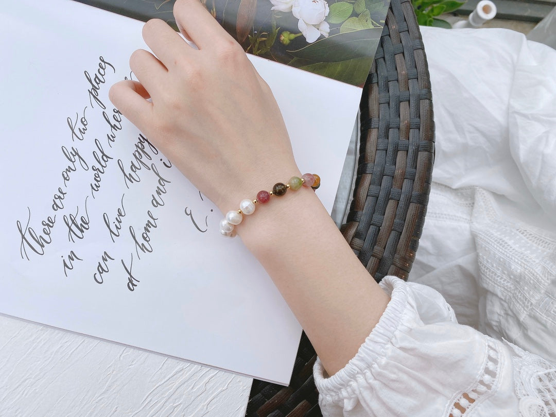 Crystal Paradise Tourmaline × Freshwater Pearl Bracelet – Handmade Harmony & Family Blessing Bead Bracelet 🌸