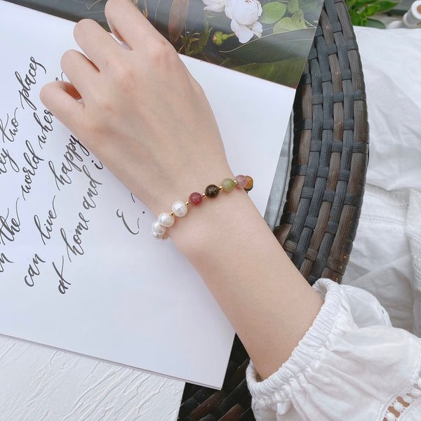Crystal Paradise Tourmaline × Freshwater Pearl Bracelet – Handmade Harmony & Family Blessing Bead Bracelet 🌸