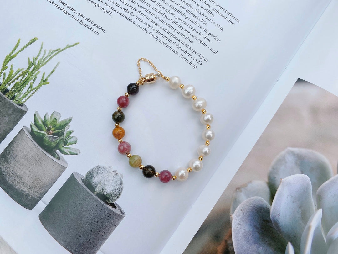 Crystal Paradise Tourmaline × Freshwater Pearl Bracelet – Handmade Harmony & Family Blessing Bead Bracelet 🌸