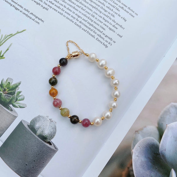 Crystal Paradise Tourmaline × Freshwater Pearl Bracelet – Handmade Harmony & Family Blessing Bead Bracelet 🌸